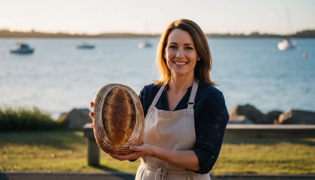 Dynamic wide shot capturing a local Tooradin business owner proudly showcasing their fresh produce at the Tooradin Foreshore, bathed in warm golden hour light, embodying Tooradin Strategic Advertising Photography Storytelling.