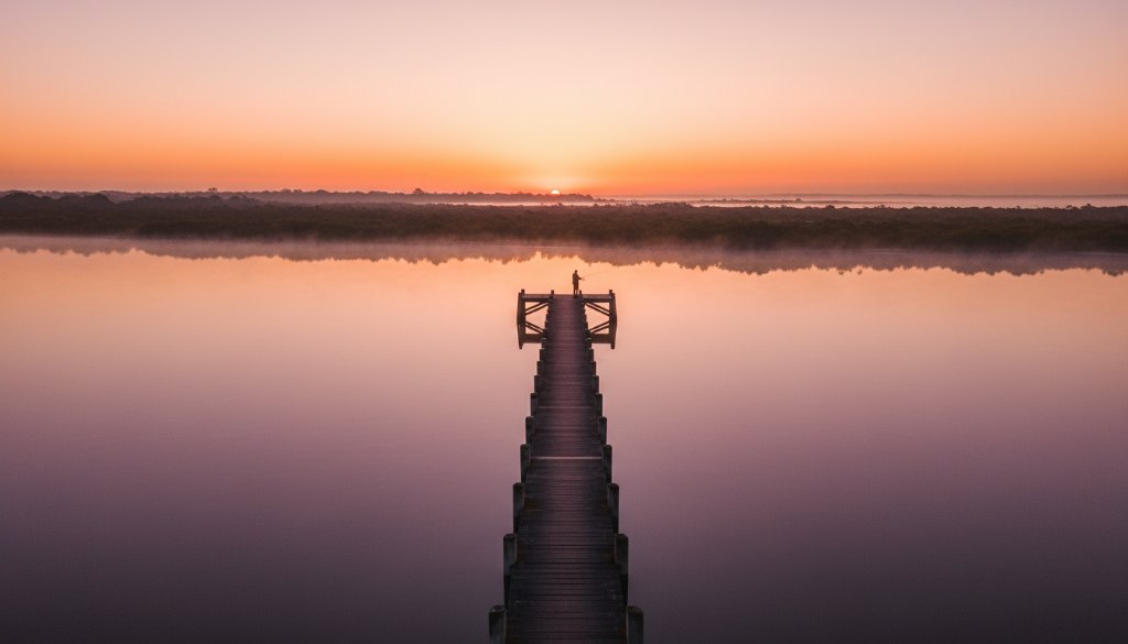 An epic, cinematic wide-angle aerial photograph captured with professional Tooradin Victoria drone photography capturing coastal serenity, showing a lone fisherman casting a line into the calm, glassy waters of Tooradin Jetty at sunrise, with vibrant orange and pink hues reflecting off the water and a dense, misty fog hugging the distant shoreline, evoking a sense of peaceful solitude and dramatic natural beauty, professionally colour graded.