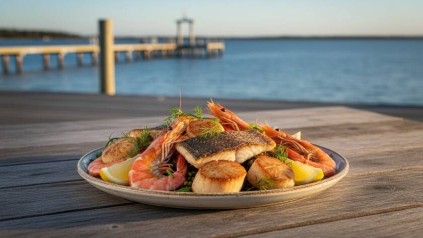 An epic moment of professional Tooradin Waterfront Cafe Culinary Photography Victoria, featuring a perfectly plated seafood dish bathed in warm, late afternoon light, with a blurred Tooradin jetty and bay in the background.