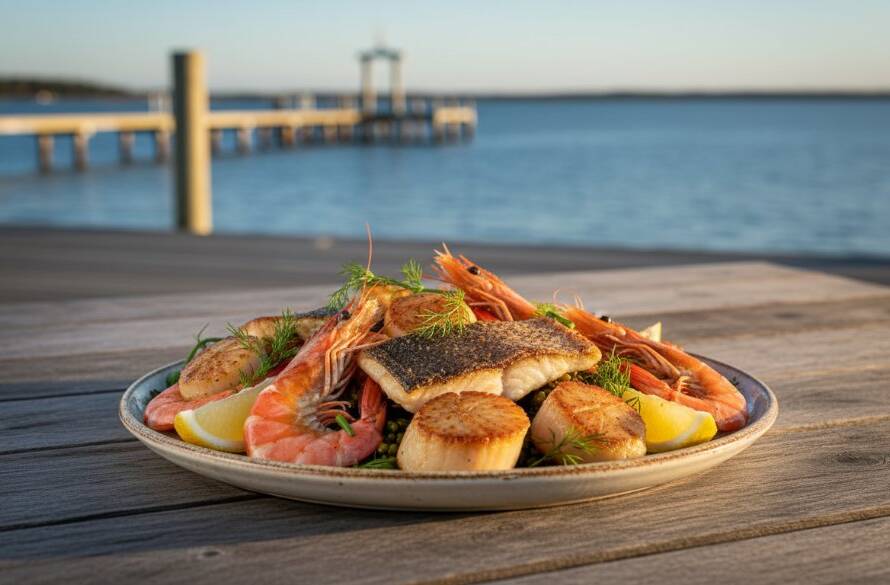 An epic moment of professional Tooradin Waterfront Cafe Culinary Photography Victoria, featuring a perfectly plated seafood dish bathed in warm, late afternoon light, with a blurred Tooradin jetty and bay in the background.