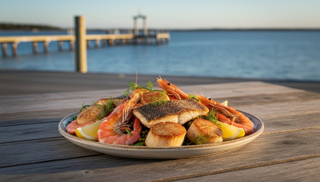 An epic moment of professional Tooradin Waterfront Cafe Culinary Photography Victoria, featuring a perfectly plated seafood dish bathed in warm, late afternoon light, with a blurred Tooradin jetty and bay in the background.
