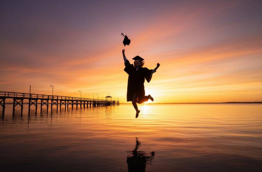 A jubilant graduate, cap flying, captured mid-air against a vibrant sunset over the Tooradin waterfront, celebrating a successful Tooradin waterfront graduation photoshoot with dramatic backlighting and a wide-angle perspective.