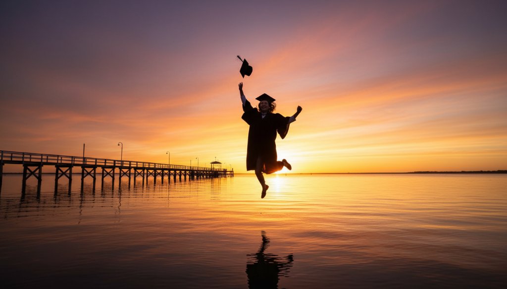 A jubilant graduate, cap flying, captured mid-air against a vibrant sunset over the Tooradin waterfront, celebrating a successful Tooradin waterfront graduation photoshoot with dramatic backlighting and a wide-angle perspective.