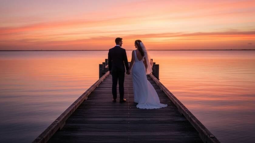 A dramatic sunset 'Tooradin waterfront wedding photography experience' shot, featuring a couple embracing passionately on the Tooradin pier with the golden hour light reflecting on the tranquil bay, capturing an epic, romantic silhouette.