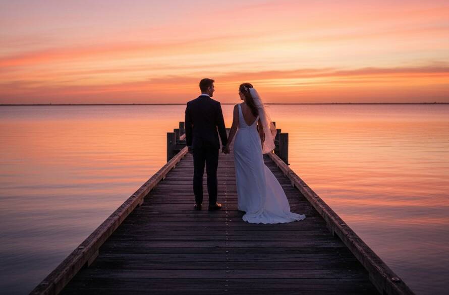 A dramatic sunset 'Tooradin waterfront wedding photography experience' shot, featuring a couple embracing passionately on the Tooradin pier with the golden hour light reflecting on the tranquil bay, capturing an epic, romantic silhouette.