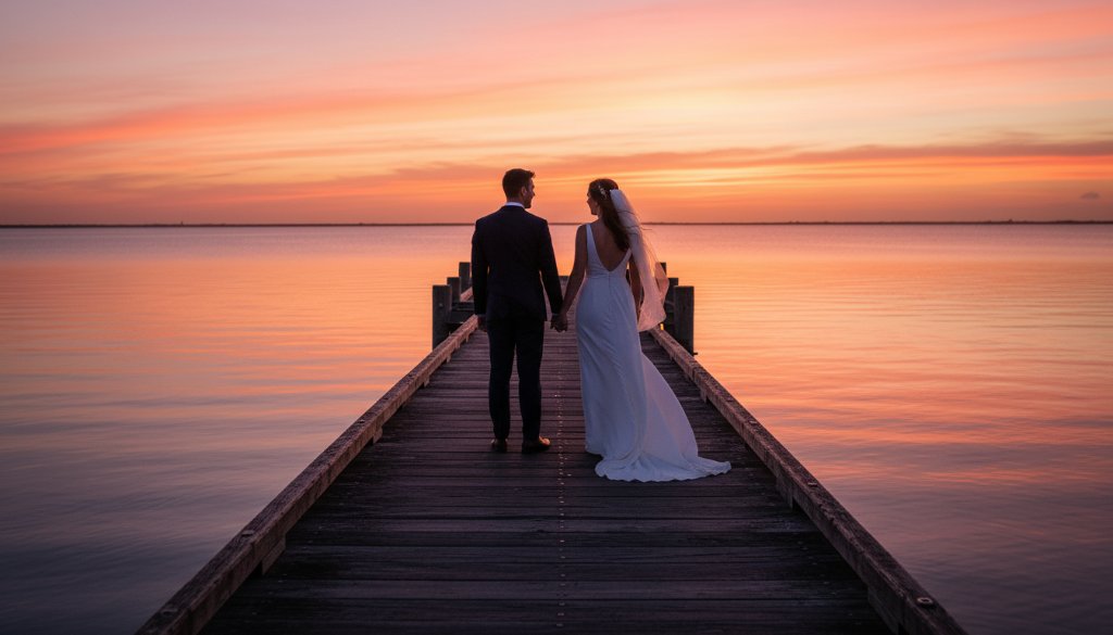 A dramatic sunset 'Tooradin waterfront wedding photography experience' shot, featuring a couple embracing passionately on the Tooradin pier with the golden hour light reflecting on the tranquil bay, capturing an epic, romantic silhouette.