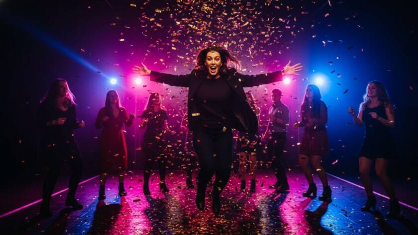 An epic moment captured by a Tottenham Party Photographer Victoria, showing a burst of confetti and genuine laughter on a dance floor, dramatically lit with vibrant colours, celebrating a milestone birthday party in Tottenham.