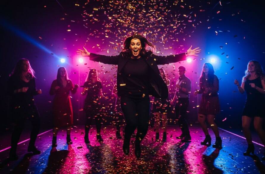 An epic moment captured by a Tottenham Party Photographer Victoria, showing a burst of confetti and genuine laughter on a dance floor, dramatically lit with vibrant colours, celebrating a milestone birthday party in Tottenham.