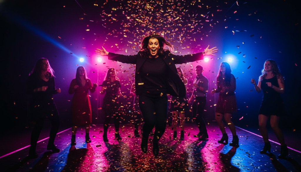 An epic moment captured by a Tottenham Party Photographer Victoria, showing a burst of confetti and genuine laughter on a dance floor, dramatically lit with vibrant colours, celebrating a milestone birthday party in Tottenham.