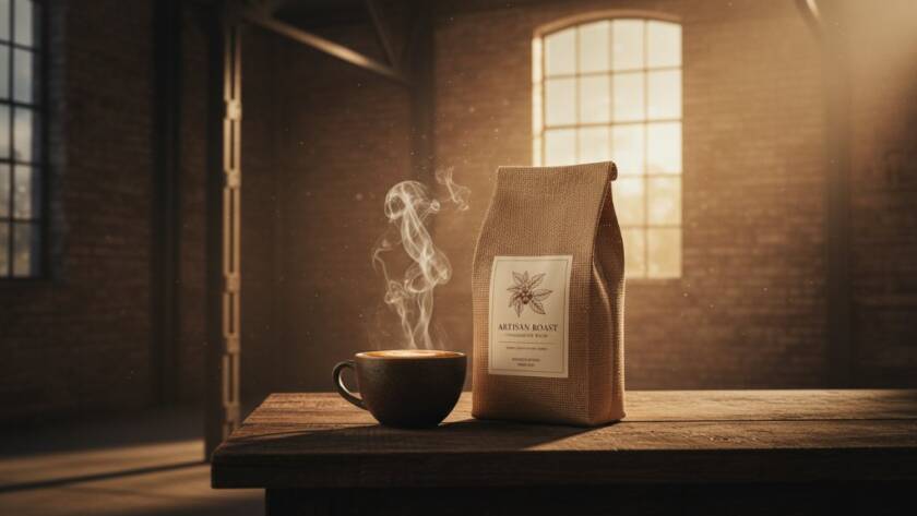 An epic, high-energy shot of a locally crafted artisanal coffee blend bag and a steaming cup, dramatically lit in a rustic industrial warehouse setting in Tottenham, Victoria, showcasing professional Tottenham Victoria advertising product photography with rich, warm tones and dynamic composition.