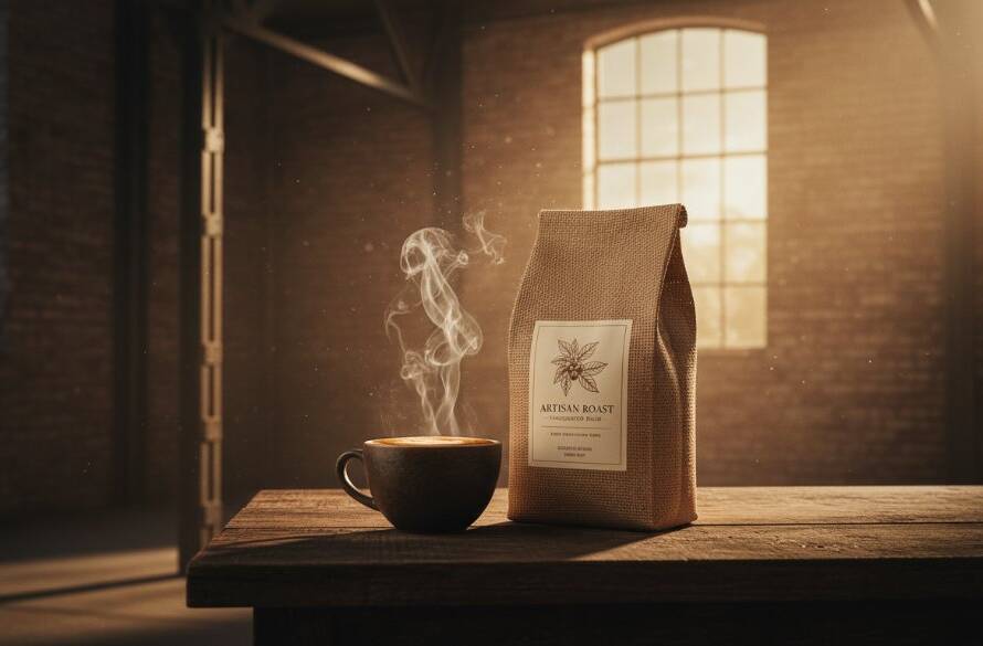 An epic, high-energy shot of a locally crafted artisanal coffee blend bag and a steaming cup, dramatically lit in a rustic industrial warehouse setting in Tottenham, Victoria, showcasing professional Tottenham Victoria advertising product photography with rich, warm tones and dynamic composition.