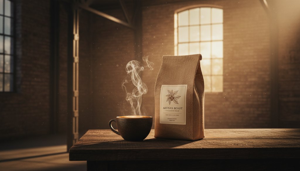 An epic, high-energy shot of a locally crafted artisanal coffee blend bag and a steaming cup, dramatically lit in a rustic industrial warehouse setting in Tottenham, Victoria, showcasing professional Tottenham Victoria advertising product photography with rich, warm tones and dynamic composition.