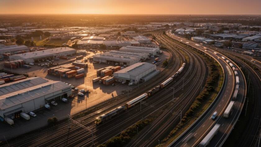 Dramatic aerial view of Tottenham, Victoria's industrial landscape at sunset, showcasing detailed infrastructure and the Westgate Freeway under a vibrant sky, captured with expert Tottenham Victoria aerial industrial photography.