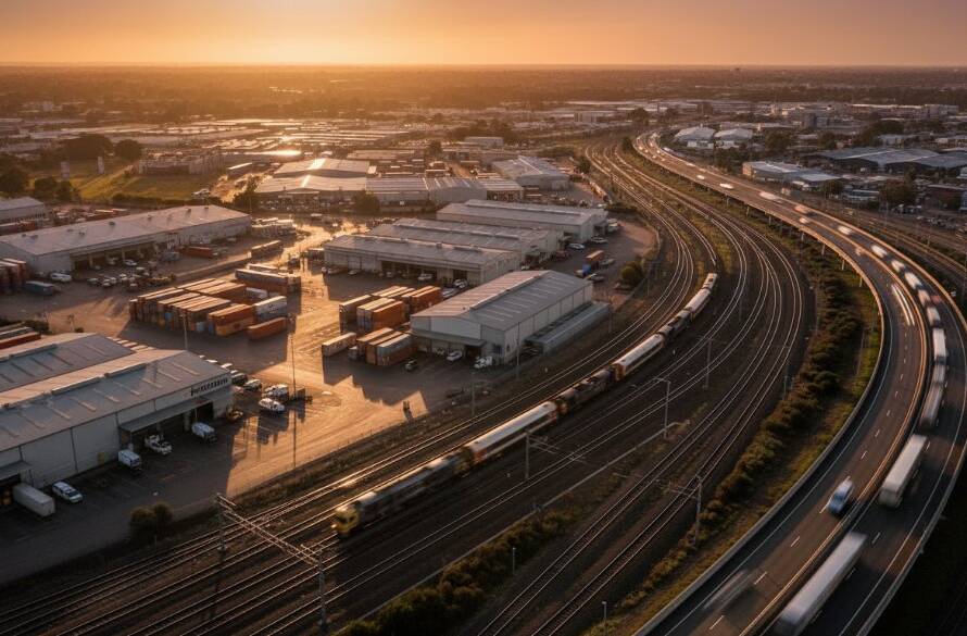 Dramatic aerial view of Tottenham, Victoria's industrial landscape at sunset, showcasing detailed infrastructure and the Westgate Freeway under a vibrant sky, captured with expert Tottenham Victoria aerial industrial photography.