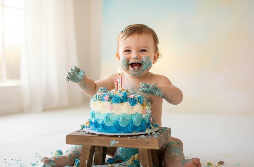 An adorable baby, covered in cake, laughing joyfully during their Tottenham Victoria first birthday cake smash photoshoot, captured in an epic, professionally lit, and color-graded moment.