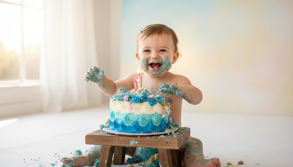 An adorable baby, covered in cake, laughing joyfully during their Tottenham Victoria first birthday cake smash photoshoot, captured in an epic, professionally lit, and color-graded moment.