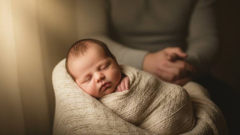 An emotionally resonant and professionally colour-graded photograph capturing Tottenham Victoria newborn photography cherished moments, featuring a peacefully sleeping baby swaddled in soft white fabric, gently cradled in parents' hands against a softly blurred, warm-toned background reminiscent of a cozy Tottenham home, with a ray of dramatic, soft window light illuminating the baby's delicate features, creating an epic, intimate portrait.