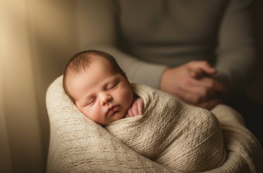 An emotionally resonant and professionally colour-graded photograph capturing Tottenham Victoria newborn photography cherished moments, featuring a peacefully sleeping baby swaddled in soft white fabric, gently cradled in parents' hands against a softly blurred, warm-toned background reminiscent of a cozy Tottenham home, with a ray of dramatic, soft window light illuminating the baby's delicate features, creating an epic, intimate portrait.