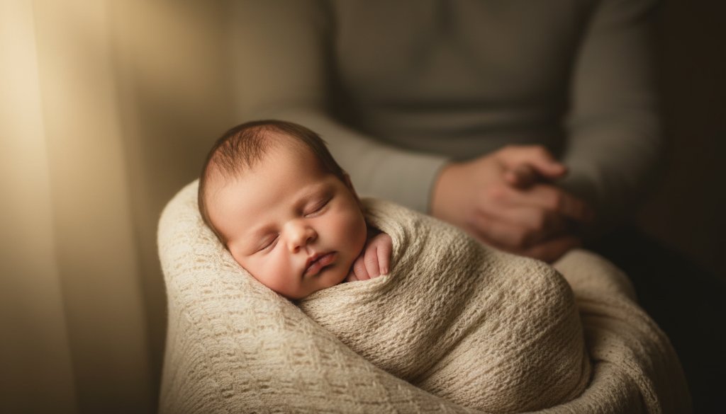 An emotionally resonant and professionally colour-graded photograph capturing Tottenham Victoria newborn photography cherished moments, featuring a peacefully sleeping baby swaddled in soft white fabric, gently cradled in parents' hands against a softly blurred, warm-toned background reminiscent of a cozy Tottenham home, with a ray of dramatic, soft window light illuminating the baby's delicate features, creating an epic, intimate portrait.