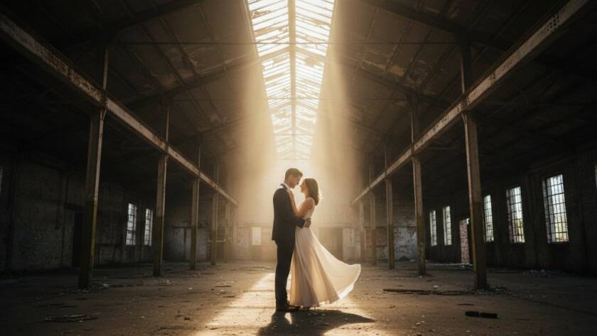 An emotionally charged, cinematic photograph of a couple embracing amidst a stunning industrial backdrop during their Tottenham Victoria pre-wedding photoshoot. Dramatic golden hour light pierces through a large industrial window, highlighting dust motes and creating long, romantic shadows. The composition is wide, showcasing the vastness of the industrial space while keeping the couple as the focal point, their silhouettes beautifully outlined. Professional color grading enhances the warm, intimate atmosphere.