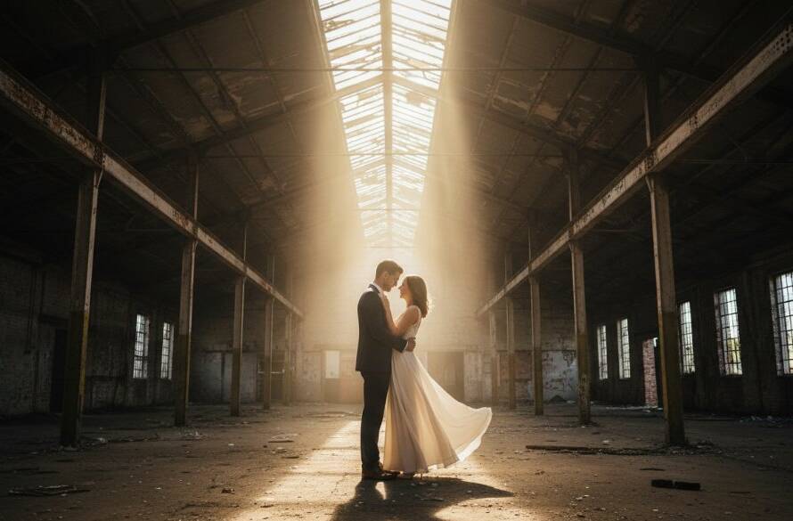 An emotionally charged, cinematic photograph of a couple embracing amidst a stunning industrial backdrop during their Tottenham Victoria pre-wedding photoshoot. Dramatic golden hour light pierces through a large industrial window, highlighting dust motes and creating long, romantic shadows. The composition is wide, showcasing the vastness of the industrial space while keeping the couple as the focal point, their silhouettes beautifully outlined. Professional color grading enhances the warm, intimate atmosphere.