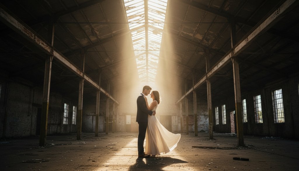 An emotionally charged, cinematic photograph of a couple embracing amidst a stunning industrial backdrop during their Tottenham Victoria pre-wedding photoshoot. Dramatic golden hour light pierces through a large industrial window, highlighting dust motes and creating long, romantic shadows. The composition is wide, showcasing the vastness of the industrial space while keeping the couple as the focal point, their silhouettes beautifully outlined. Professional color grading enhances the warm, intimate atmosphere.
