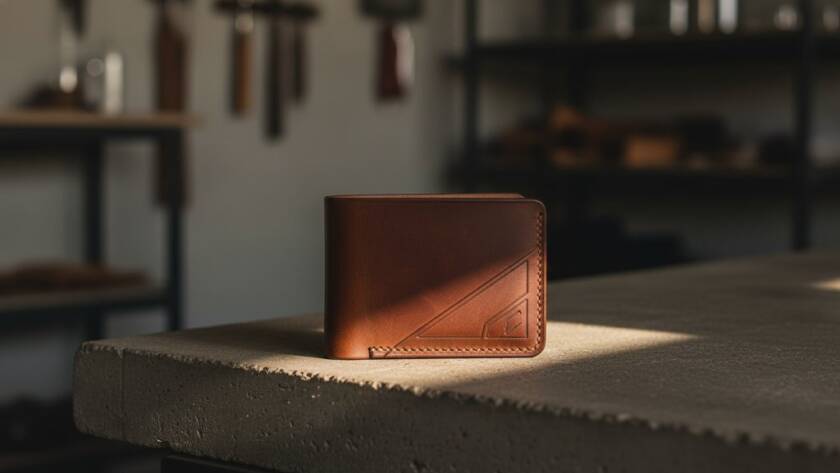 Dramatic close-up of a handcrafted leather wallet, expertly lit to highlight its texture and details, representing Tottenham Victoria small business product photography for a local artisan, captured with cinematic flair and professional colour grading.