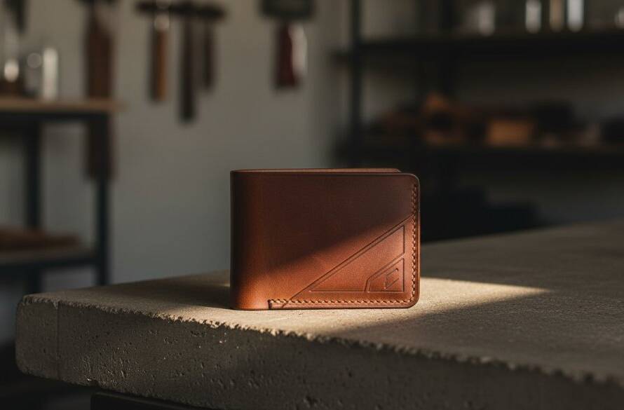 Dramatic close-up of a handcrafted leather wallet, expertly lit to highlight its texture and details, representing Tottenham Victoria small business product photography for a local artisan, captured with cinematic flair and professional colour grading.