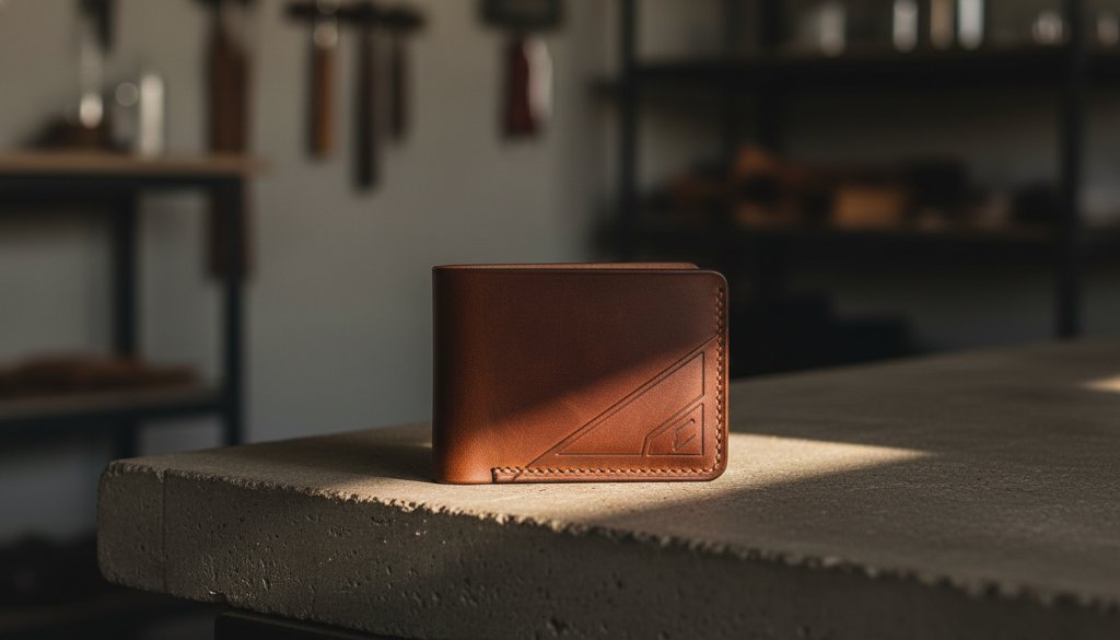 Dramatic close-up of a handcrafted leather wallet, expertly lit to highlight its texture and details, representing Tottenham Victoria small business product photography for a local artisan, captured with cinematic flair and professional colour grading.