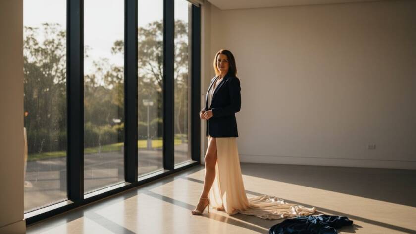 A stunning, professional photograph capturing a woman's confident and elegant pose in a light-filled studio, embodying the transformative boudoir photography experience Heatherdale Victoria, with dramatic lighting enhancing her silhouette.