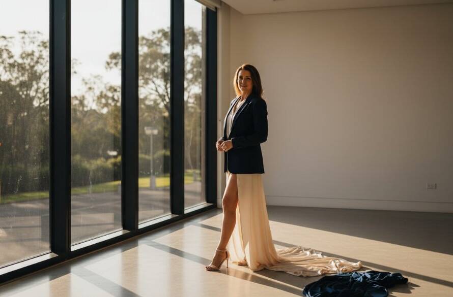 A stunning, professional photograph capturing a woman's confident and elegant pose in a light-filled studio, embodying the transformative boudoir photography experience Heatherdale Victoria, with dramatic lighting enhancing her silhouette.