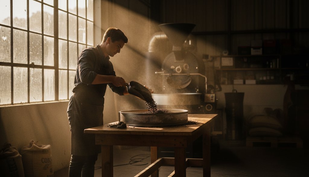 Dramatic shot of a Traralgon artisan skillfully crafting a product, illuminated by warm, directional light, showcasing the Traralgon business branding photography excellence Victoria in action, capturing authenticity.