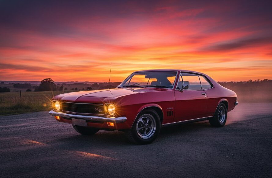 Dynamic shot of a meticulously restored vintage muscle car gleaming under dramatic sunset light in Traralgon, Victoria, with a silhouetted photographer capturing the moment, illustrating Traralgon classic car photography tips.