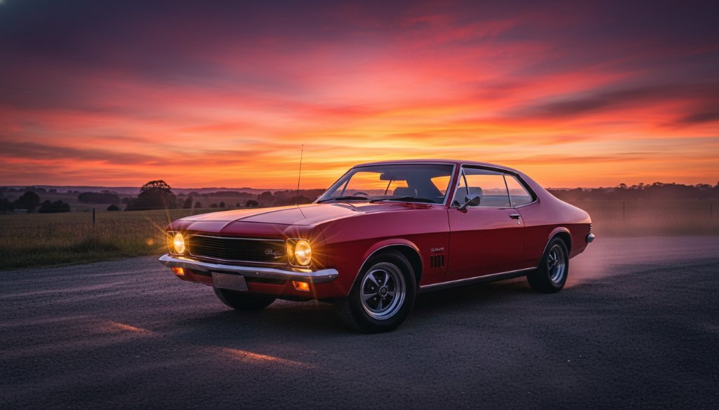 Dynamic shot of a meticulously restored vintage muscle car gleaming under dramatic sunset light in Traralgon, Victoria, with a silhouetted photographer capturing the moment, illustrating Traralgon classic car photography tips.