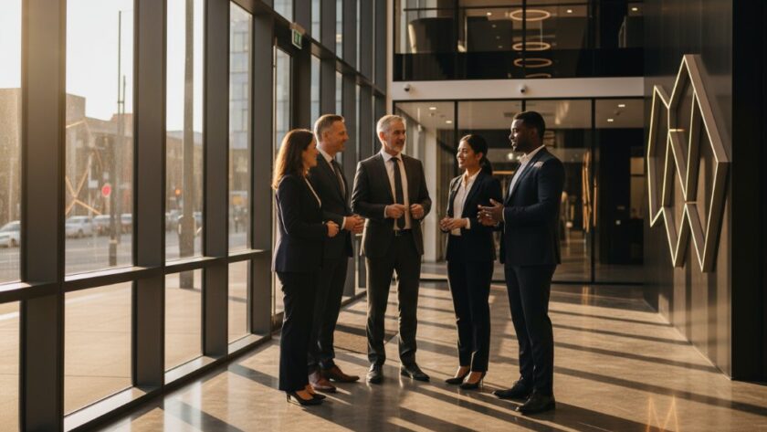 Dynamic, cinematic shot showcasing a diverse team of professionals collaborating enthusiastically in a modern Traralgon office setting, bathed in dramatic golden hour light, reflecting how Traralgon corporate photography elevates local business branding.