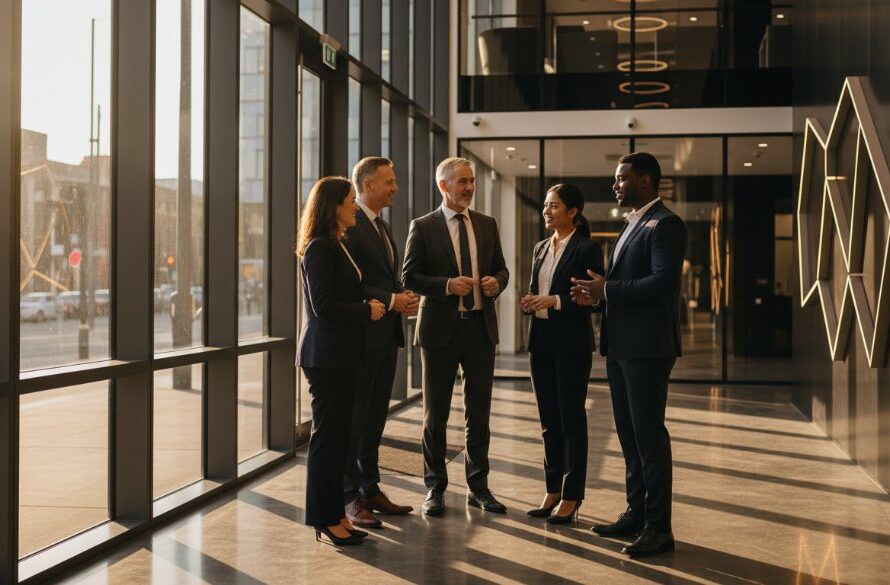 Dynamic, cinematic shot showcasing a diverse team of professionals collaborating enthusiastically in a modern Traralgon office setting, bathed in dramatic golden hour light, reflecting how Traralgon corporate photography elevates local business branding.