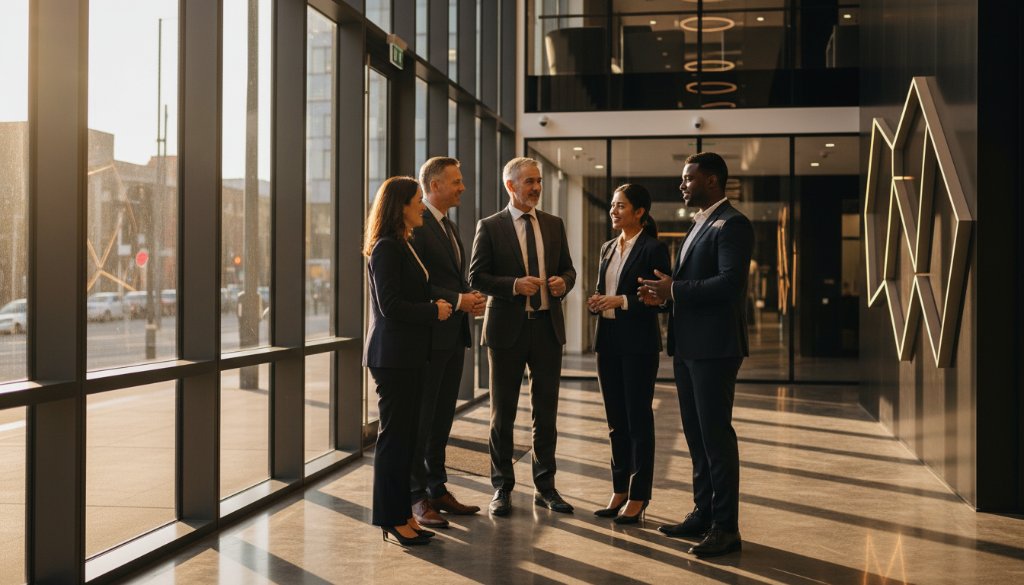 Dynamic, cinematic shot showcasing a diverse team of professionals collaborating enthusiastically in a modern Traralgon office setting, bathed in dramatic golden hour light, reflecting how Traralgon corporate photography elevates local business branding.