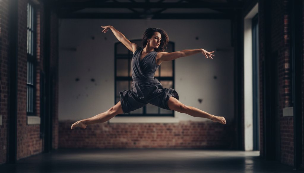 An epic moment in Traralgon dance photography capturing dynamic artistry, featuring a dancer mid-leap against a dramatic, moody backdrop, illuminated by theatrical lighting to highlight their powerful silhouette and graceful movement.