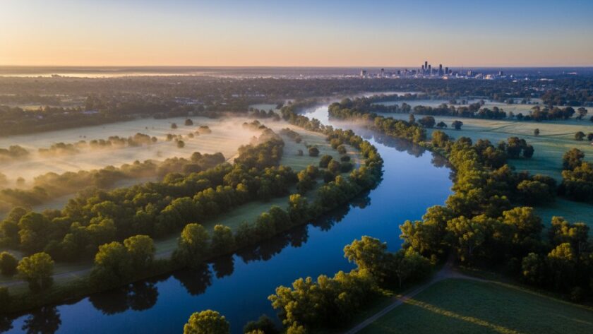 A professional drone photograph capturing an epic sunrise over the Latrobe River in Traralgon, Victoria, showcasing the city's unique blend of natural beauty and urban development, ideal for Traralgon drone photography for stunning aerial perspectives.