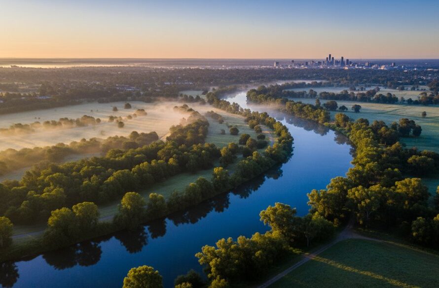 A professional drone photograph capturing an epic sunrise over the Latrobe River in Traralgon, Victoria, showcasing the city's unique blend of natural beauty and urban development, ideal for Traralgon drone photography for stunning aerial perspectives.