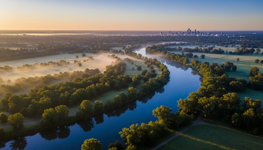 A professional drone photograph capturing an epic sunrise over the Latrobe River in Traralgon, Victoria, showcasing the city's unique blend of natural beauty and urban development, ideal for Traralgon drone photography for stunning aerial perspectives.