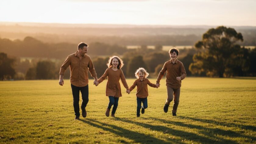 A professional photograph showcasing Traralgon family photography capturing genuine connections, with a family of five (parents and three children) laughing joyfully as they run hand-in-hand through an open field in Traralgon's scenic parkland at golden hour, the setting sun casting long, warm shadows and creating a beautiful rim light around them, capturing an authentic and emotional 'epic moment' of connection.