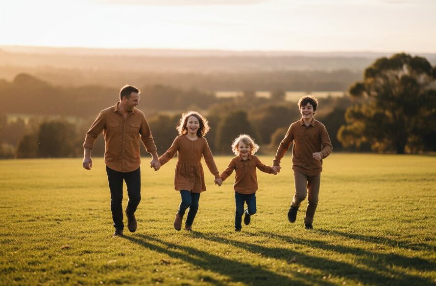 A professional photograph showcasing Traralgon family photography capturing genuine connections, with a family of five (parents and three children) laughing joyfully as they run hand-in-hand through an open field in Traralgon's scenic parkland at golden hour, the setting sun casting long, warm shadows and creating a beautiful rim light around them, capturing an authentic and emotional 'epic moment' of connection.