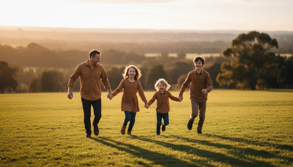 A professional photograph showcasing Traralgon family photography capturing genuine connections, with a family of five (parents and three children) laughing joyfully as they run hand-in-hand through an open field in Traralgon's scenic parkland at golden hour, the setting sun casting long, warm shadows and creating a beautiful rim light around them, capturing an authentic and emotional 'epic moment' of connection.
