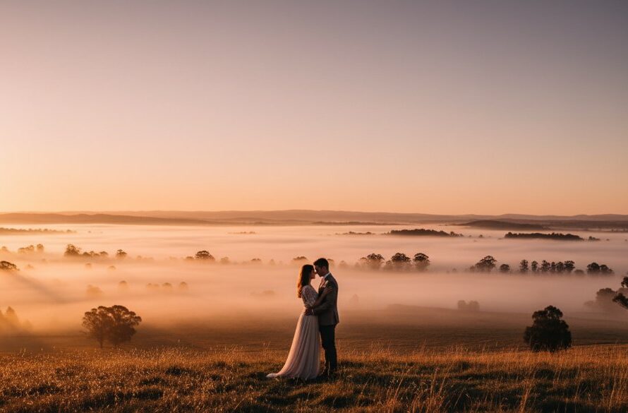 An epic moment of Traralgon fine art photography capturing unique Gippsland landscapes, showcasing a couple silhouetted against a dramatic sunset over rolling hills near Traralgon, Victoria, with professional color grading.