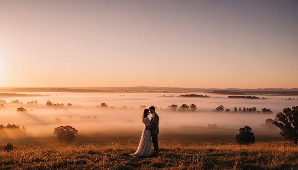 An epic moment of Traralgon fine art photography capturing unique Gippsland landscapes, showcasing a couple silhouetted against a dramatic sunset over rolling hills near Traralgon, Victoria, with professional color grading.
