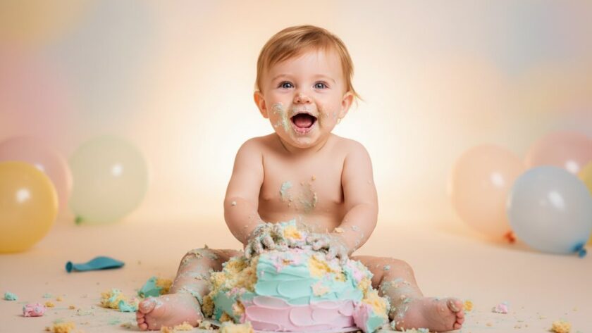 An epic moment captured during a Traralgon first birthday cake smash photography experience, featuring a joyful baby covered in cake, laughing amidst colorful balloons and soft studio lighting, showcasing pure delight.