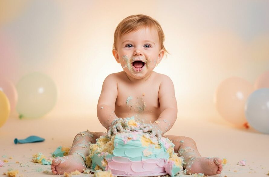 An epic moment captured during a Traralgon first birthday cake smash photography experience, featuring a joyful baby covered in cake, laughing amidst colorful balloons and soft studio lighting, showcasing pure delight.