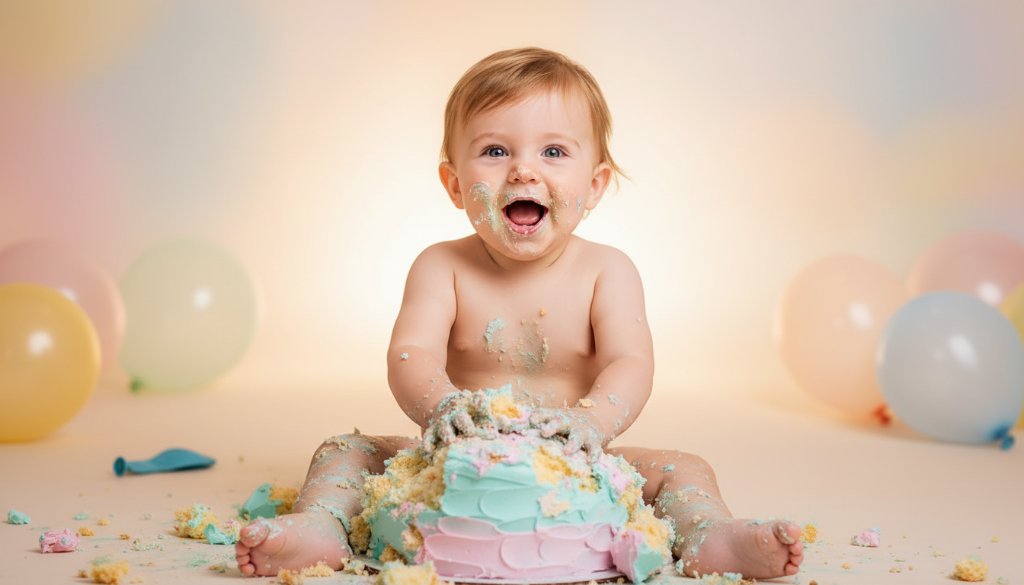 An epic moment captured during a Traralgon first birthday cake smash photography experience, featuring a joyful baby covered in cake, laughing amidst colorful balloons and soft studio lighting, showcasing pure delight.