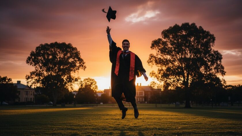 A proud graduate in academic regalia, cap thrown high against a vibrant Traralgon sunset, encapsulating the joy of Traralgon graduation photography celebrate success.